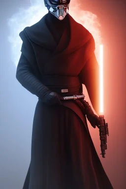 All Black Anakin Skywalker soldier, ghost, wearing high tech mask, white smoke, dark, rage, sorrow, high definition, ultra 8 k, volumetric lighting, blue fire, fog red