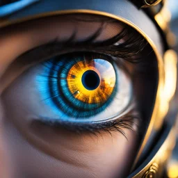 bokeh close up detailed view: Zoom in on the eye of this marvelous character: the ultimate merge of techno-medieval device. The eye gleams with a mix of ancient wisdom and futuristic power, a reflection of a thousand battles fought and a thousand more to come. Within its depths, you can see the struggle of man and machine, the eternal conflict between the past and the future. It is a window into a soul forged in the fires of war, a soul that knows no fear and acknowledges no defeat. The eye of t
