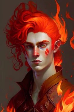 A teenage half-elf man, his hair is like red flame, flirtatious, fancy clothing