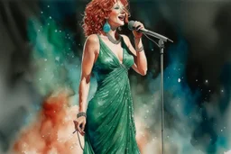full figure, red curly hair upswept gorgeous singer on a stage in front of a microphone, sleeveless rose gold shiny silk long dress, the dress goes down to bluish green, photorealistic watercolour