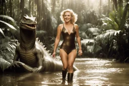 35mm film photography, [photorealistic art by Dean Cundey] Annie January as happy wearing a low-cut latex leotard dress, riding a Jurassic water monster the boys in the jungle, high detail, vintage sepia, film effect, dramatic dutch light