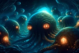 View into an event horizon in space with many enormous strange tentacled whale-like creatures with many huge faceted eyes and mouths, flying around