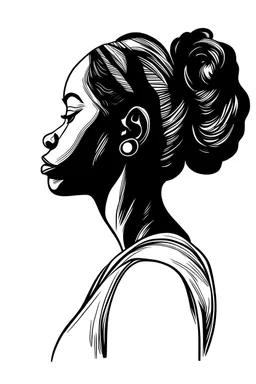 waist-length bust woman, linocut style, white background, profile, composition without a full head empty space around the head minimalism, ink, artistic deformation of the head shape,slight paralysis, black woman