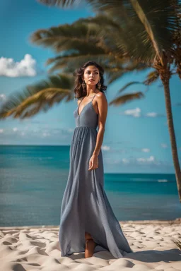 young lady wearing beautiful maxi dress standing in beach posing to camera ,ships in sea ,blue sky nice clouds