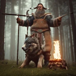 old viking with his wolf sitting near campfire, scary, steam punk, realistic, made in octane, cinematic, ultra-realistic, extremely detailed octane rendering, 8K, VRAY Super Real ar 2:3, dof photorealistic futuristic 50mm lens hard lighting dark gray tintype photograph, realistic lighting, sepia color