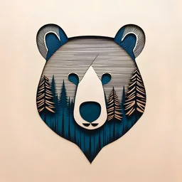 M shaped bear head combined with lots of woods silhouette in background, letterpress style, minimalistic pencil art