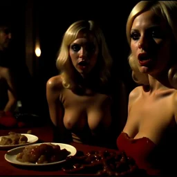 Horror movie shot, spooky, hot, ultra realistic, dine, black, ultra realistic hot blonde women, party, pieces of meat, organs, ail, dynamic, very excited people, hypermaximalist figures, they come, 1970's Italian horror movie, sinister,, Dario Argento, Stanley Kubrik, ornate, 4k, photorealism