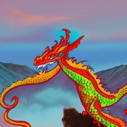 a multicolored dragon on a volcano on a ocean