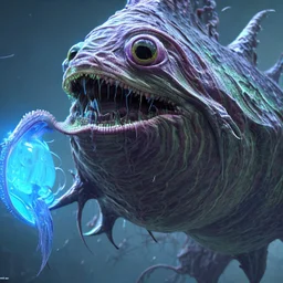 fluid ink angler fish creature, unreal engine 5, 8k resolution, photorealistic, ultra detailed