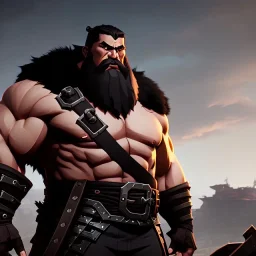 large muscular barbarian, heavy build, wearing fur pants, black fur boots, thick belt, long beard, shaved head, battle worn, stoic, large axe, wide open blue eyes, eyes are both in proportion, 3/4 look, standing, dark cobblestone alley, bright fire behind, intense, non-photorealistic rendering in the art style of j.scott campbell