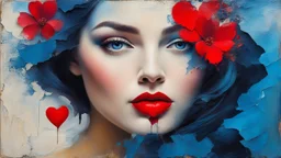 old painting, torn edges, blue, WOMAN, love, red heart, light, flower, double exposure, abstract surreal portrait, oil painting in impressionism, large strokes, airbrush effect, textured painting, antique style, vintage, semi-abstract, semi-realistic, surreal .