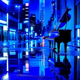 jazz vibes, reflections in blue, city at night, lonely