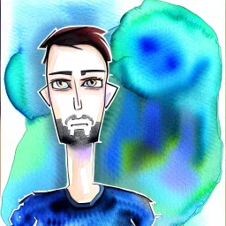 Male cypebpunk character connected to AI exploring other AI - Watercolour and Watercolour Painted Style - Jenny Rainey Style