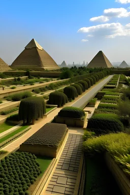 A tourist walkway in Egypt overlooking the pyramids and has green spaces, seating places, and shops on both sides