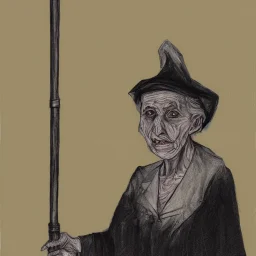 Portrait of a proud old withered witch with walking cane