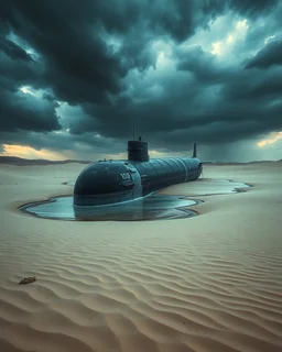 A nuclear submarine left in the desert with sands and a little water and stormy clouds ,