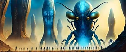 Towering insectoid civilization carved into metallic cliffs, glowing hive structures, synchronized ant-humanoids standing in formation, golden mist and blue fog, massive scale, sci-fi colony superstructure, airbrush fantasy poster, alien grandeur
