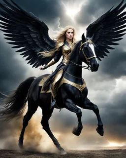 wide angle facing front photography fantasy art angel warrior drive black horse flying on sky darkstrom lightning high sky, beauty colors full body A Length image of very beautiful Super model woman,long hair blond as an Beautiful Archangel with wings made from metal craft, dressing luxurious golden and black color armor ornaments combination fully crystals diamonds stone,luxury boots shoes,she on drive horse on the high sky darkstrom