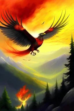 fire bird flying over mountain by Vengo