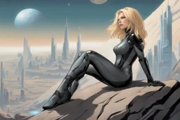 woman in an android-looking catsuit, with shoulder-length blond hair, sitting on a rock, sideways, with a planet behind her, a futuristic city on the horizon