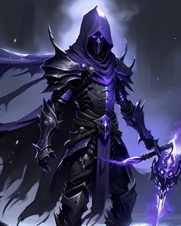 Black and purple assassin armour with a silver trim going down the armour, shadowy flames erupting from the arms, glowing purple eyes, black and silver arrow quiver, ghostly purple flowing cape