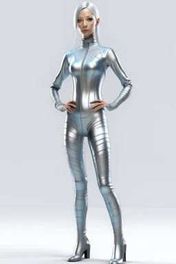 woman, skinny, full body, long legs, flat chest, silver onepiece swimsuit, photorealistic