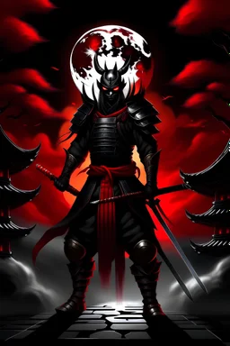 A samurai in black Armour and red eyes with a black flaming sword and red hilt, standing on a temple with the moon in the background and the trees on the side