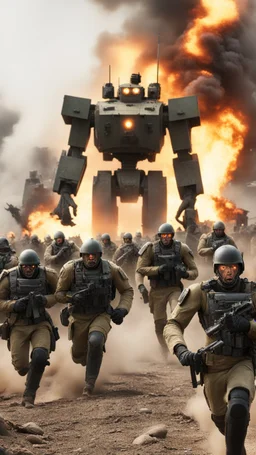 A front view of War of showing thousands of American solders are running away from a distance toward the camera with scary faces and fear from one big robot behind them, in the background fires and dead’s and big fights on the ground