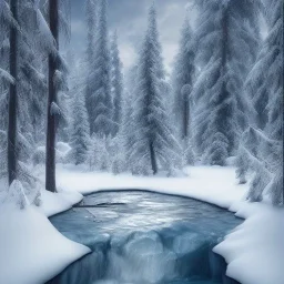 ice, blue, forest, snow, beautiful, masterpiece, expert, 8K, hyperrealism, sharp focus, cinematic lighting