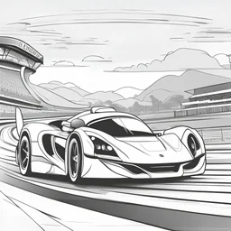 ((A Coloring page of racing car rushing through a race track with fans in the background)), (masterpiece), (coloring page), line art drawing, minimalist, graphic, (line art), vector graphics, Clear and Distinct Lines, Intricate Patterns,Varied Line Weights, Smooth curves, Bold outlines, Crisp shapes