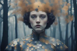 Henri-Edmond Cross Close-up photo, Otherworldly, Joan D'Arc fashion sisterhood Klimt, 3Dprinted Avant-garde, Austrian Symbolism, arcane atmosphere, in the Dark Misty Forest, by Alejandro Jodorowsky