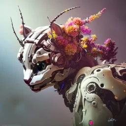 portrait of a hybrid robot cat, floral! horizon zero dawn machine, intricate, elegant, highly detailed, ray tracing, digital painting, artstation, concept art, smooth, sharp focus, illustration, art by artgerm and greg rutkowski and alphonse mucha, 8k