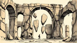 Arcos monumentales rotos en segmentos que flotan a distintas alturas, raíces antiguas envolviendo piezas de piedra suspendidas, un viajero solitario caminando entre los fragmentos, técnica de ilustración arqueológica con tinta sepia y toques de color mineral.
