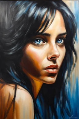 facial portrait - oil on canvas, chiaroscuro, deep shadows, fairytale, 20th century masterpiece, rich deep colors, highly detailed portrait, beautiful, extremely muscular Joan Laurer, long, straight, black hair, the bangs cut straight across her forehead, blue eyes