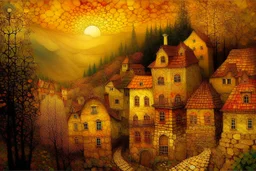 Nostalgia-evoking, breathtaking surreal masterpiece, channeling Sam Toft, Gustav Klimt, Andy Kehoe, Amanda Sage, features a quaint village scene bathed in setting sun's golden hues, painted textures conjuring yesteryears, fusion of folk art, sharp focus, studio photo, intricate details, artstation trending, highly detailed, Greg Rutkowski signature style, golden hour lighting, Modifiers: beautiful very cute visually breathtaking beautiful