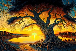 Great landscape, nature at sunset, Paradise Lost, spiritual, surreal, trees, fine art, tan skin, Vincent Van Gogh style, highly detailed, smooth, very sharp focus, illustration, bathing in light, ultra realistic illustration, close-up