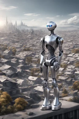 silver humanoid robot standing looking over a small alien town