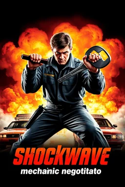 "Design a 90s-style action movie poster titled 'Shockwave Customs.' Feature a super heroic mechanic in the foreground, fiercely battling thousands of adversaries with a spanner. In the background, show cars doing burnouts, creating a dynamic and intense scene. Capture the high-energy, gritty aesthetic of classic 90s action films. Prominently display the subtitle 'mmechanic negotiator' in bold, impactful lettering."