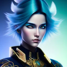 Woman Cyborg samurai, light blue hair, messy hairstyle, pierced ears, neon, golden eyes, waist up portrait, 8k resolution, intricate details, ornate details, soft lighting, vibrant colors, masterpiece, intricate eyeliner, dark eyeshadow, eyes, intricate tattoos, gradient color background