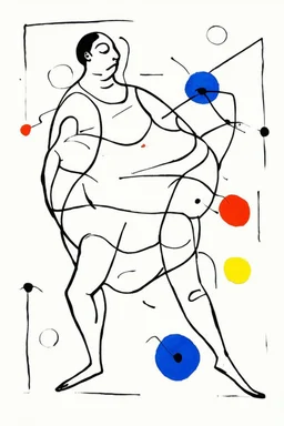 Reprezentare grafica moderna figurativa cu simboluri ,minimal art similar cu desenele lui Picasso , a unui desen facut de un autist , reprezentand o femeie grasa dansand , în stilul combinat acuarelei umede a lui Joan Miro si cu filigran lineart minimal a lui Jean Cocteau cu Paleta de culori impresionista cu culori putine si tari. Fond alb si linii color subtiri si paralele, cu umbre de lumina cu hasuri incrucisate