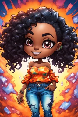 vibrant psychedelic comic book image, airbrush, 8k, cartoon art of a chibi curvy black female wearing torn jeans pants and a orange tie dye off the shoulder blouse. Prominent make up with lush lashes. Highly detailed sleek wavy ponytail