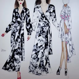 Croquis, wrap dress, white with peony print, long sleeves, fashion illustration, sketch, drawing, pencil, black model, Aarón favaloro, megan hess, René gruau