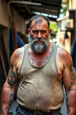 full figure , strong muscular burly beefy turkish carpenter in dirty ripped tank top, very hairy, 44 years old , sweat and wet, bull neck, tattoo, short beard, unshaved hair, working in the middle of the street under the sun , aspect ratio 9:16