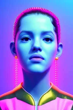 Ultra Realistic image, Rosalía artist, waist up portrait, black eye line, sweet angry face, geisha hair style, spray line make up, geometric, gold, big rings piercing, led ornament, bubble latex coat, inflatable, cold, led lights, pop style, neon, pink, blue, gold, vibrant color, highly detailed, art stations, concept art, smooth, unreal engine 5, god rays, ray tracing, RTX, lumen lighting, ultra detail, volumetric lighting, 3d, finely drawn, high definition, high resolution.