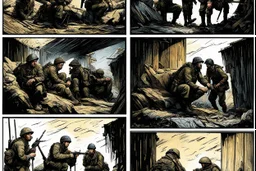 Masterpiece1:5)(Fineart), (award-winning:1.5), highest quality, war journalism editorial ,(by Tim Page, Hoorst Faas:1.5)),(Eastern Ukraine:(panel one:the moment after a battle ends, horrors of war, wounded men),(2nd panel, cinematic shot of men sitting in trench with 1000 yard stare (focus on their eyes:1.5)),(the third panel shows troops tired but hyper alert), (the fourth panel shows the sky is filled with incessant, fire and smoke everywhere,)