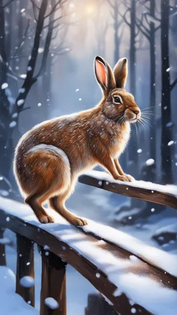 hare in the snow on bridge in the forest, magazine cover illustration with oil paint and spray paint, signed, bokeh like, down-light, unreal engine, prize winning