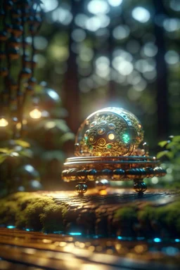 picture of a magical forest sparkling with light,cute chat robot inside transparent egg that is driving a car wooden bridge,shot on Hasselblad h6d-400c, zeiss prime lens, bokeh like f/0.8, tilt-shift lens 8k, high detail, smooth render, down-light, unreal engine, prize winning