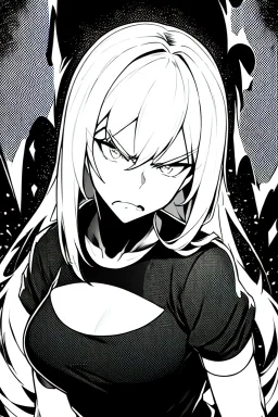 angry blonde girl, angry pose, greyscale