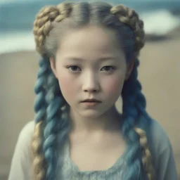 Old autochrome of devon aoki ,with golden cheeks, strange blue braids. On the beach, in 1830