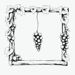 Black pen drawing of a square frame made with hanging grapes and raisins